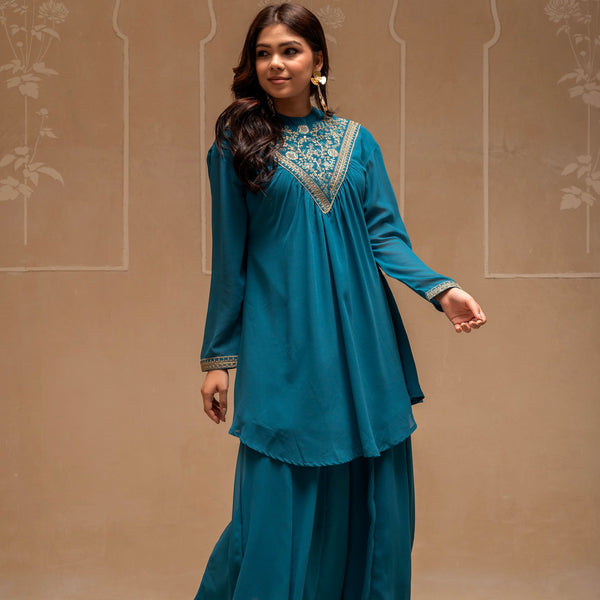 Juniper Teal Solid Poly Georgette Tunic And Sharara Co-Ord Set With Sequence And Zari Work