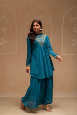 Thumbnail for Juniper Teal Solid Poly Georgette Tunic And Sharara Co-Ord Set With Sequence And Zari Work