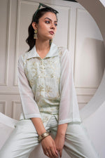 Thumbnail for Juniper Mintgreen Solid Viscose Shirt, Cami And Pant Co-Ord Set With Sequence And Zari Work - Distacart