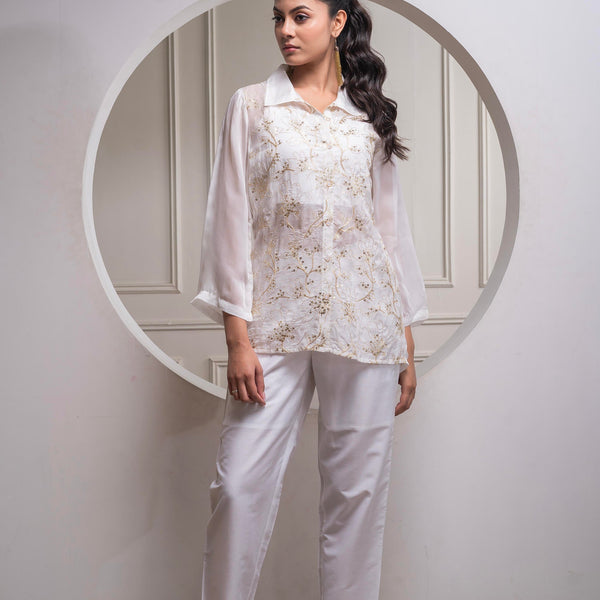 Juniper Viscose Off White Embroidered Shirt, Cami & Pant Co-Ord Set With Zari Work