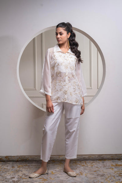 Juniper Viscose Off White Embroidered Shirt, Cami & Pant Co-Ord Set With Zari Work