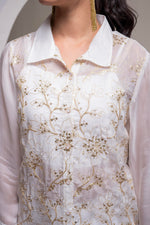 Thumbnail for Juniper Viscose Off White Embroidered Shirt, Cami & Pant Co-Ord Set With Zari Work