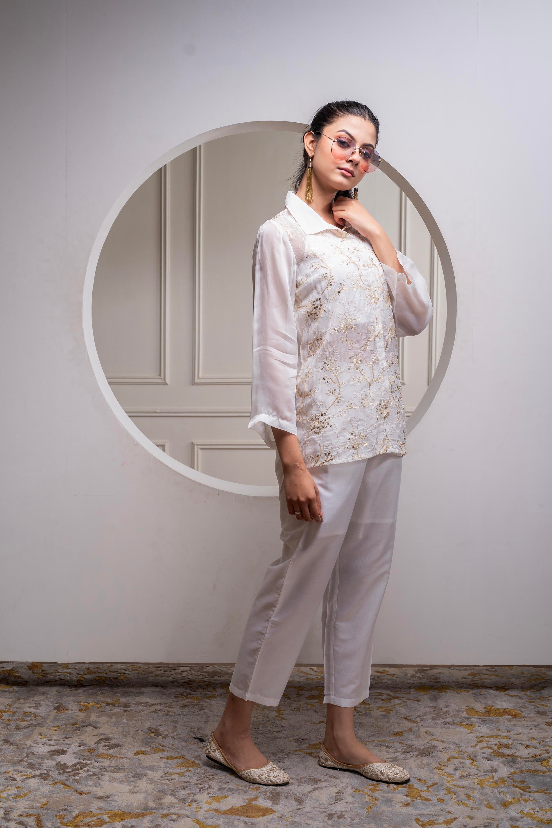 Juniper Viscose Off White Embroidered Shirt, Cami & Pant Co-Ord Set With Zari Work