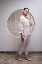 Thumbnail for Juniper Viscose Off White Embroidered Shirt, Cami & Pant Co-Ord Set With Zari Work