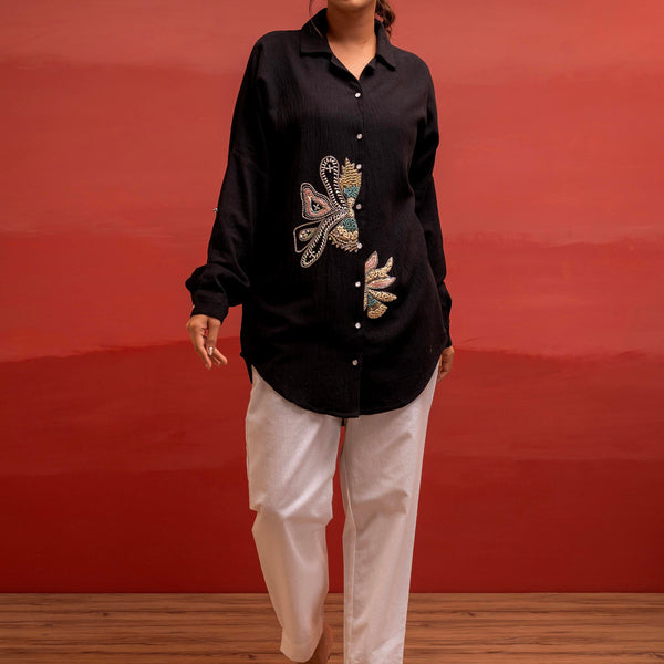 Juniper Black Solid Viscose Shirt With Beads, Sequence, And Thread Work