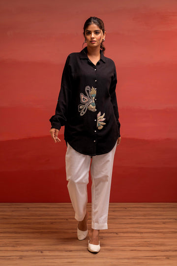 Juniper Black Solid Viscose Shirt With Beads, Sequence, And Thread Work - Distacart