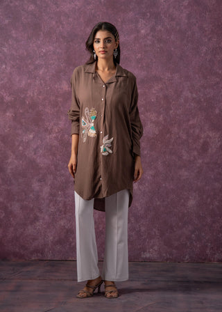 Juniper Brown Solid Viscose Shirt With Beads, Sequence, And Thread Work