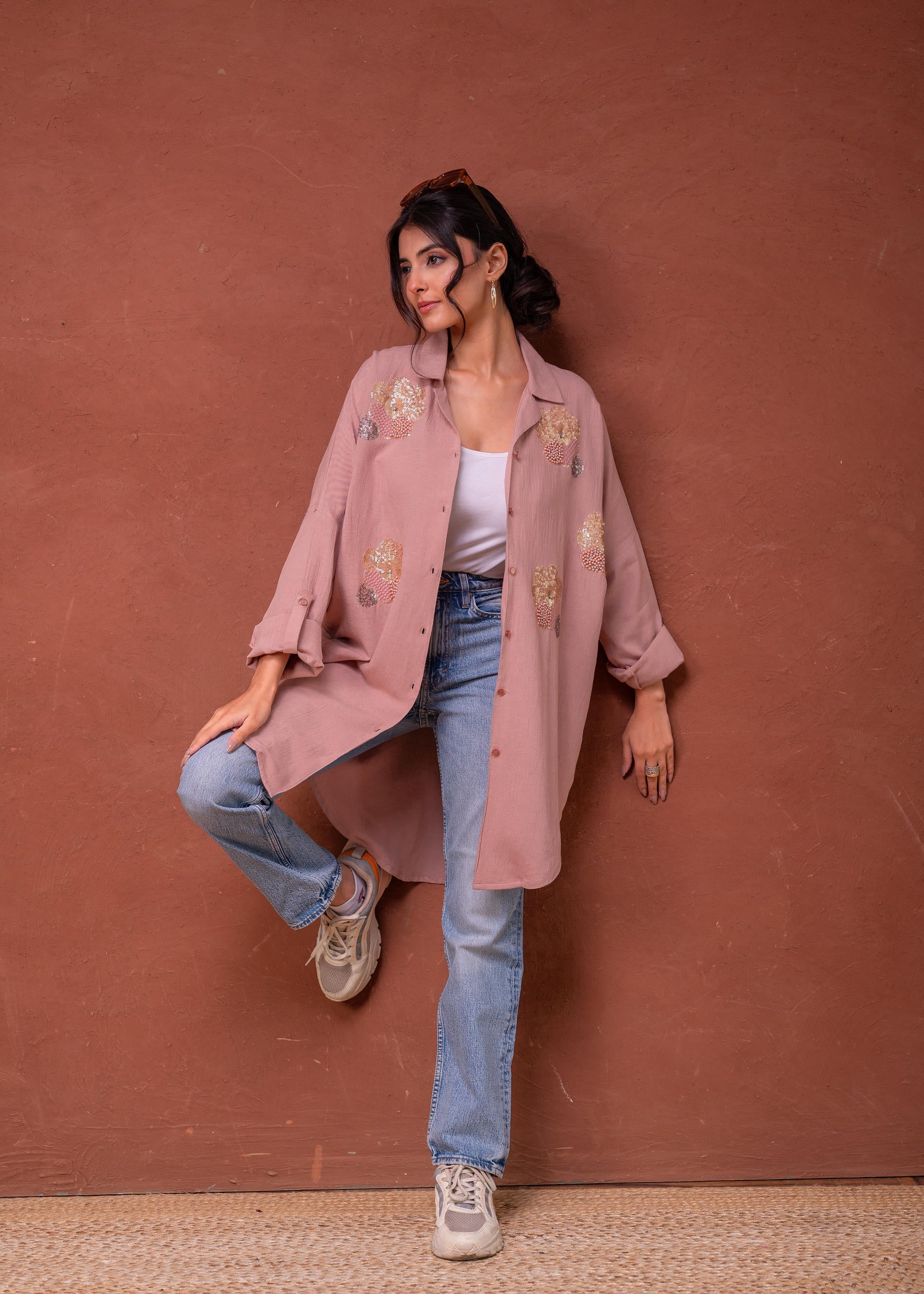 Juniper Viscose Linen Dusty Pink Embellished Shirt With Sequin & Bead Details