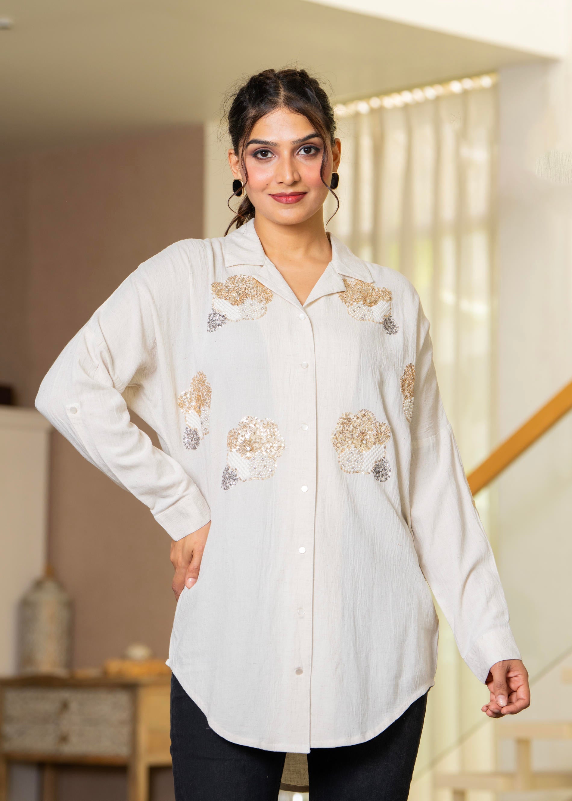Juniper Viscose Linen Off White Embellished Shirt With Sequin & Bead Details