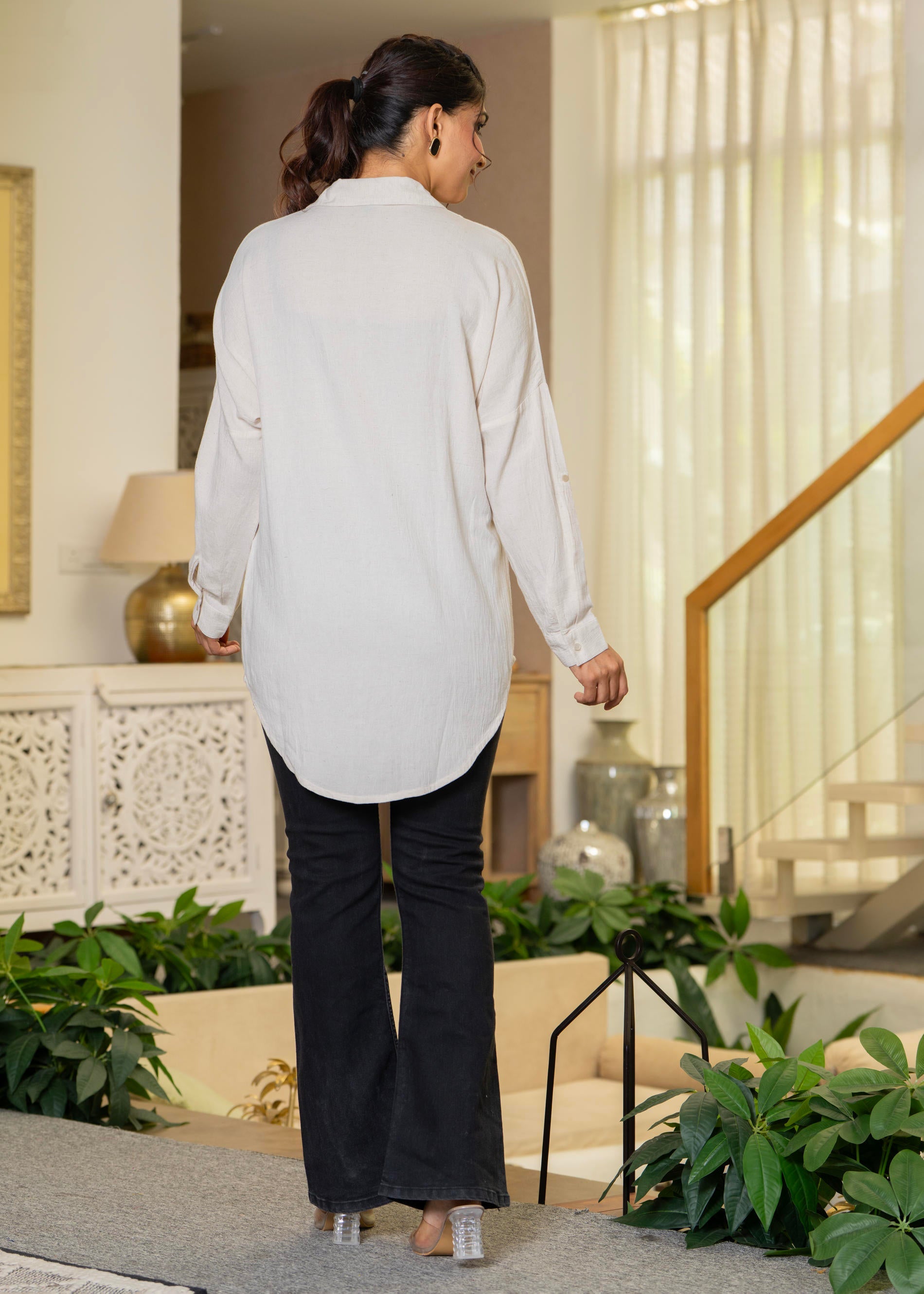 Juniper Viscose Linen Off White Embellished Shirt With Sequin & Bead Details