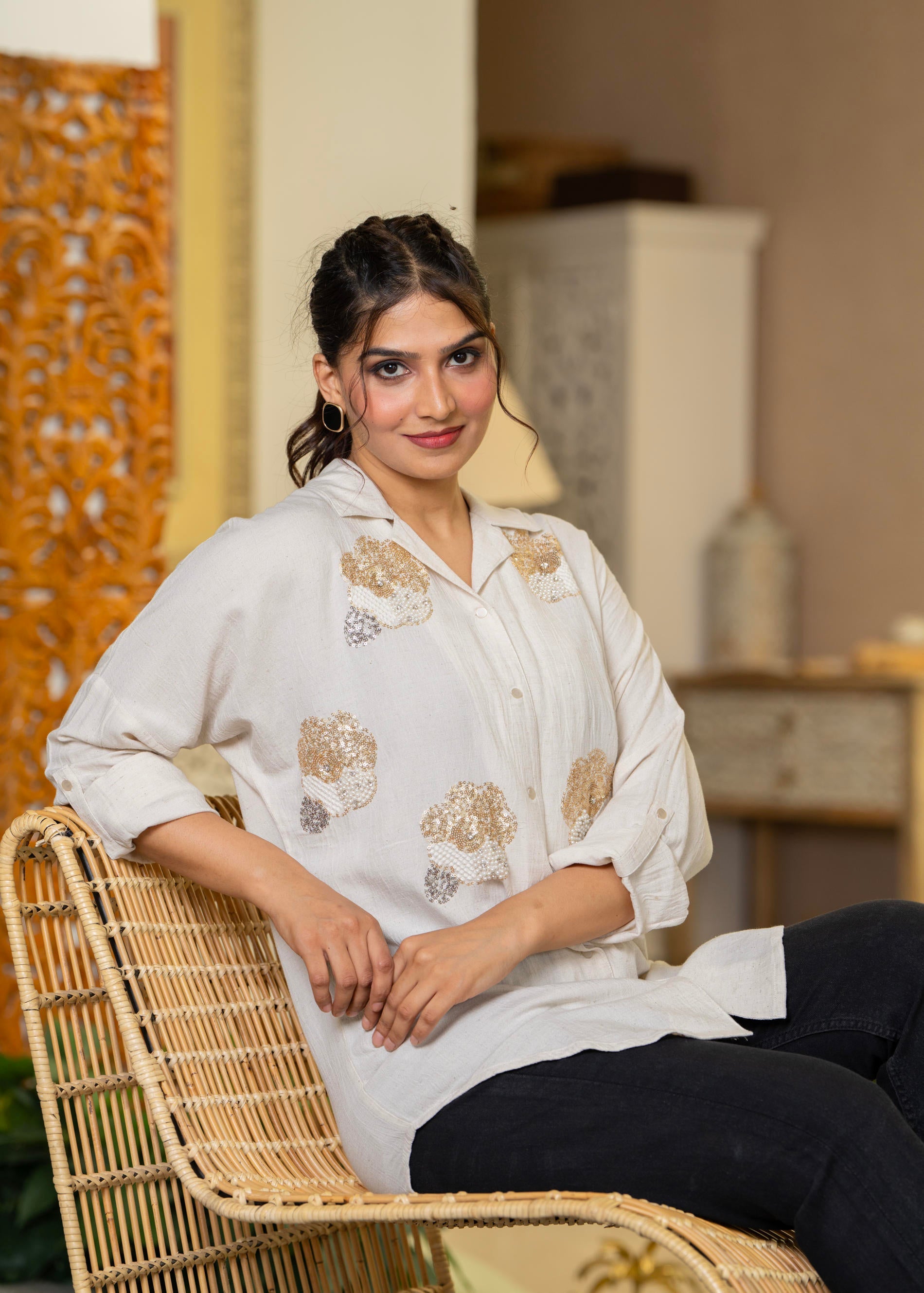 Juniper Viscose Linen Off White Embellished Shirt With Sequin & Bead Details