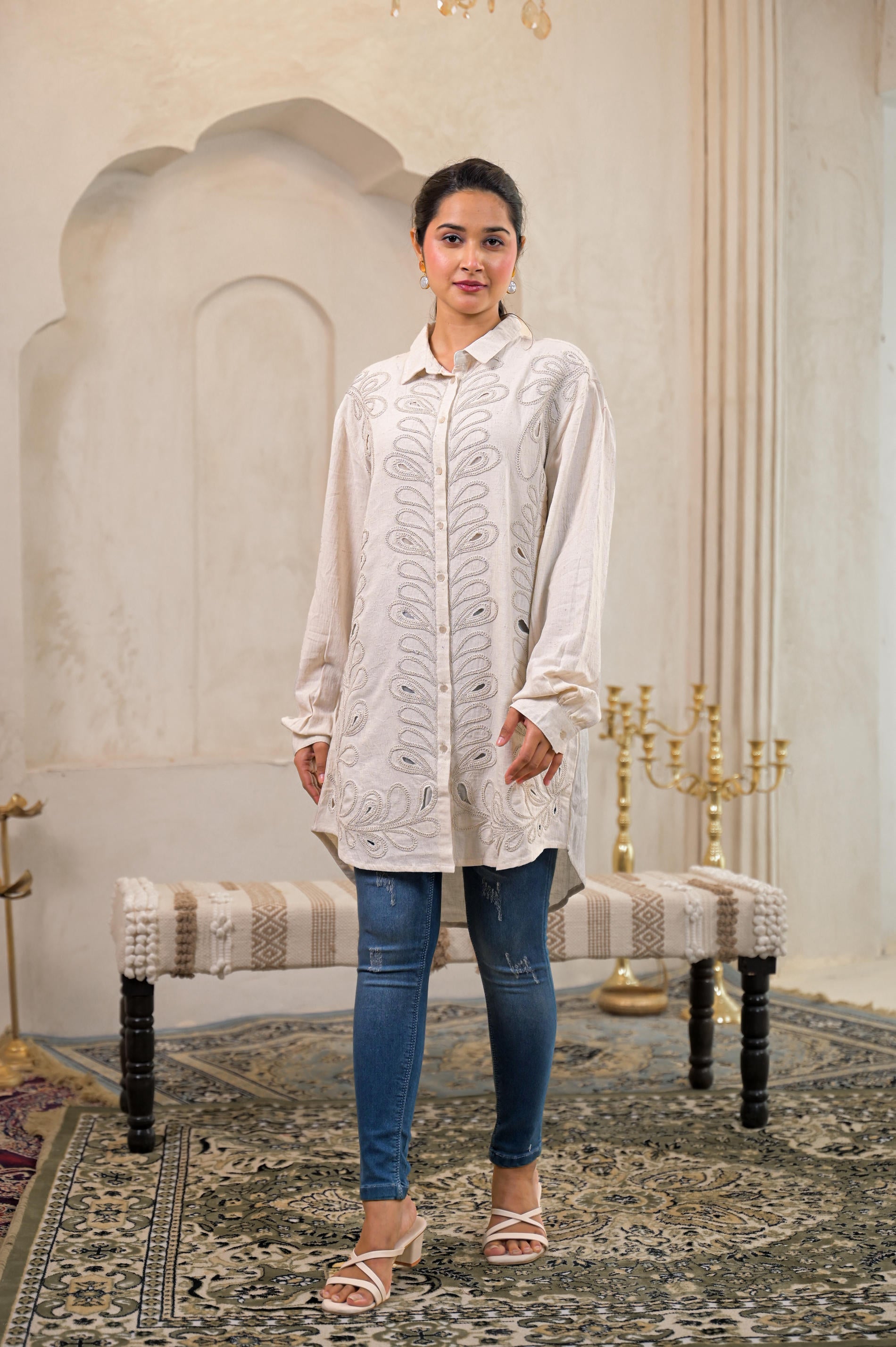 Juniper Off-White Embroidered Viscose-Linen Shirt With Zari Work