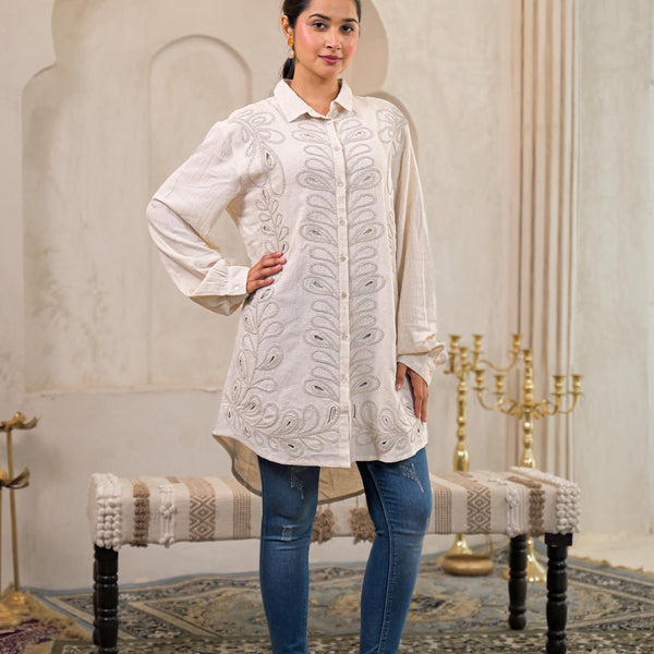 Juniper Off-White Embroidered Viscose-Linen Shirt With Zari Work - Distacart