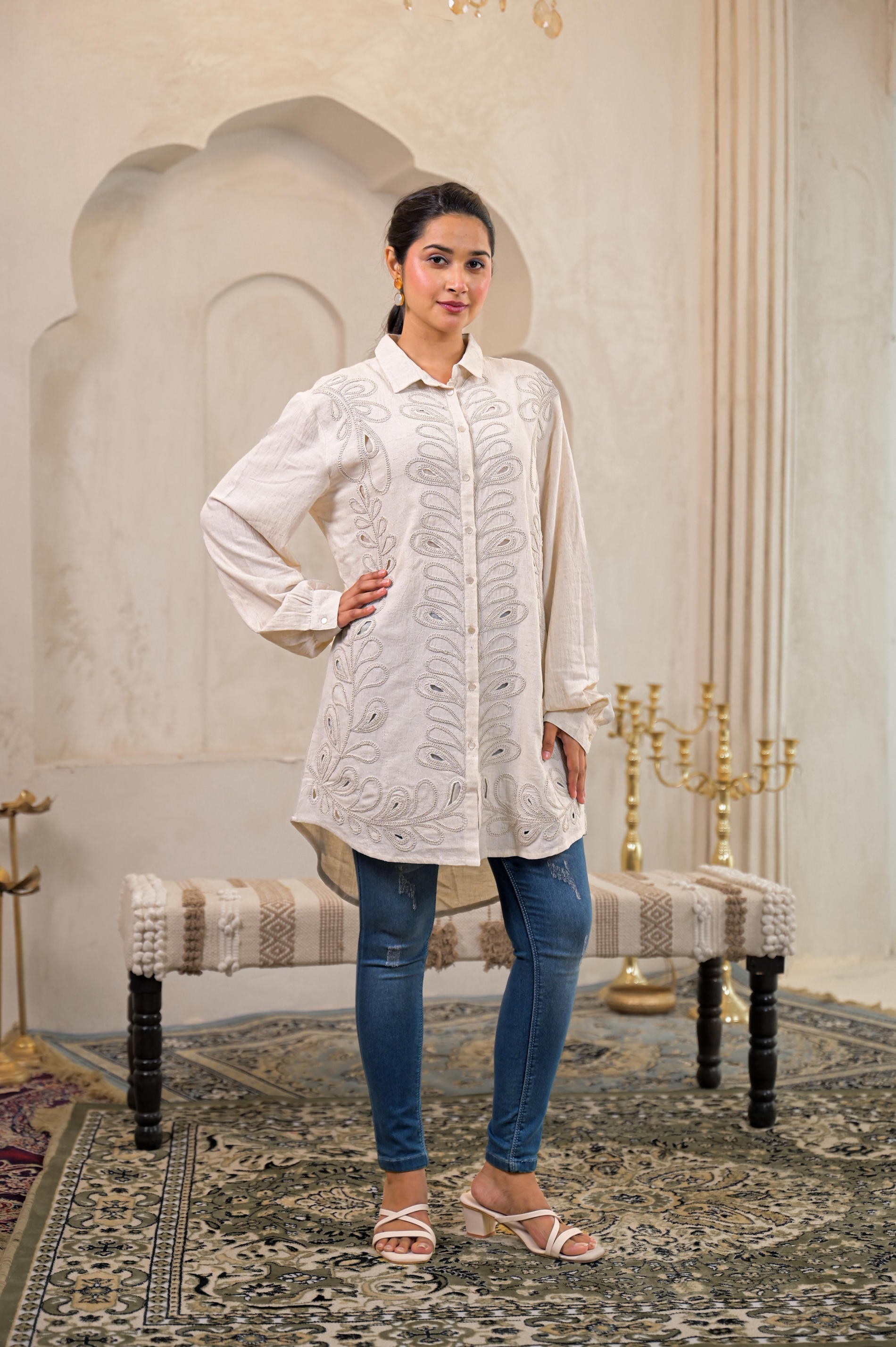 Juniper Off-White Embroidered Viscose-Linen Shirt With Zari Work