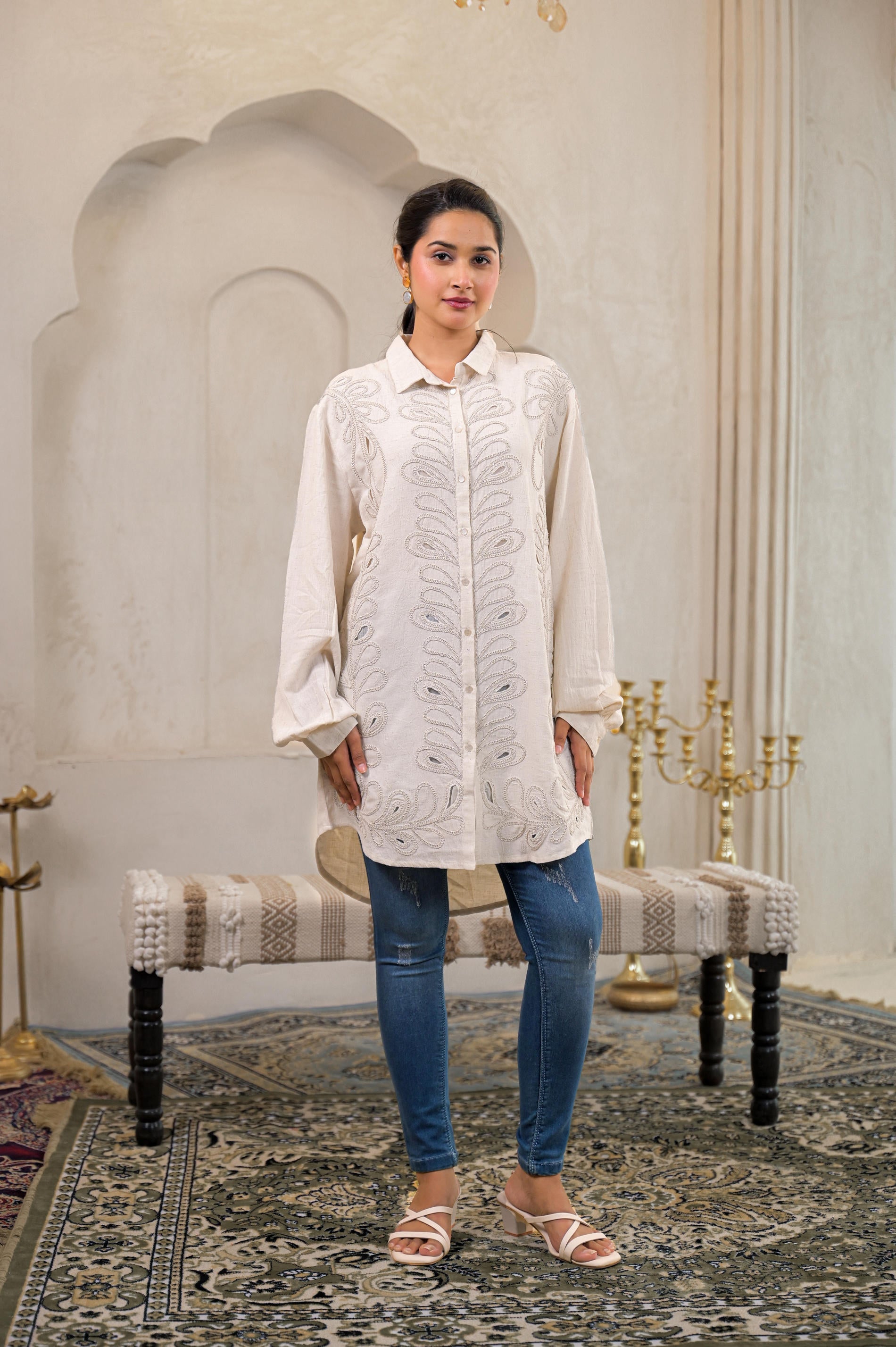 Juniper Off-White Embroidered Viscose-Linen Shirt With Zari Work