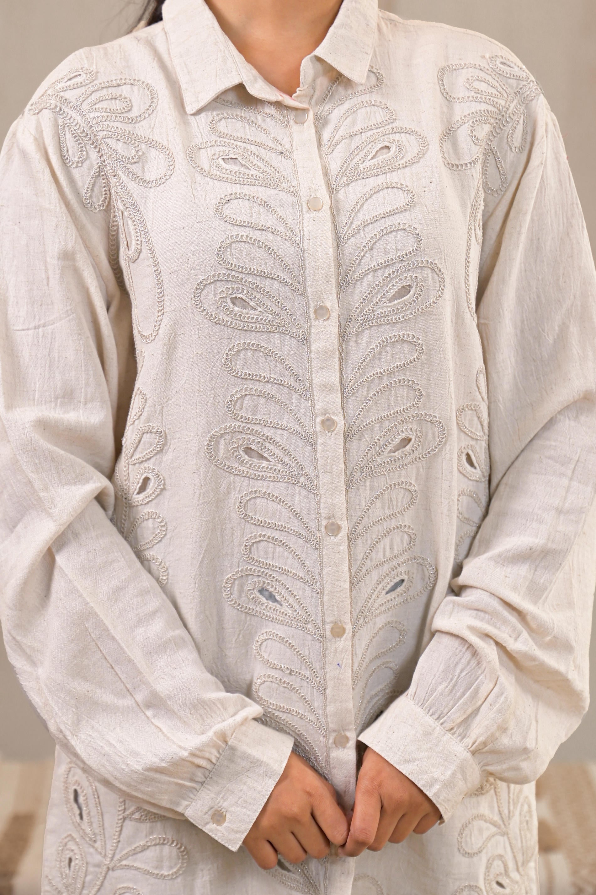 Juniper Off-White Embroidered Viscose-Linen Shirt With Zari Work