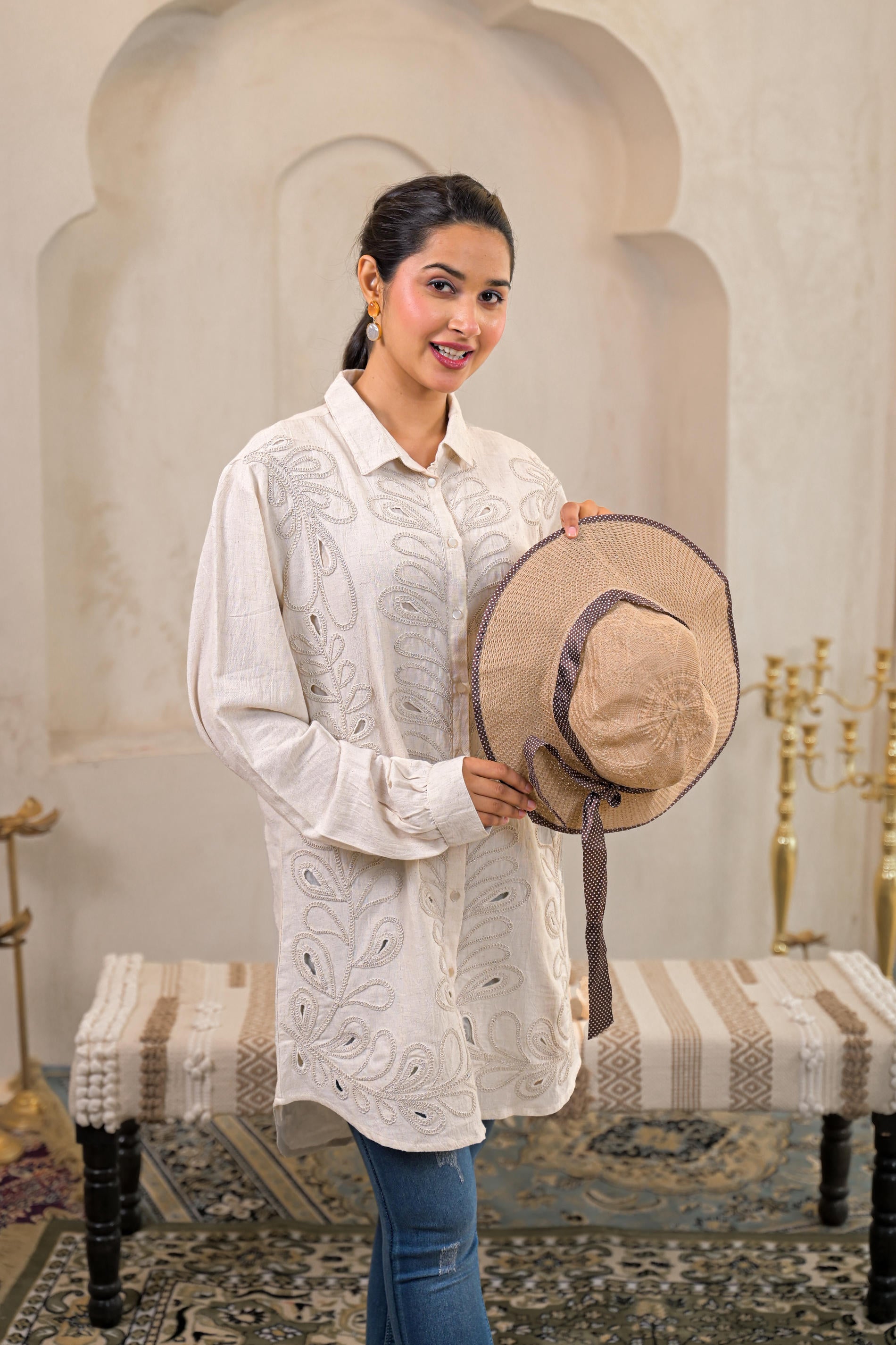 Juniper Off-White Embroidered Viscose-Linen Shirt With Zari Work