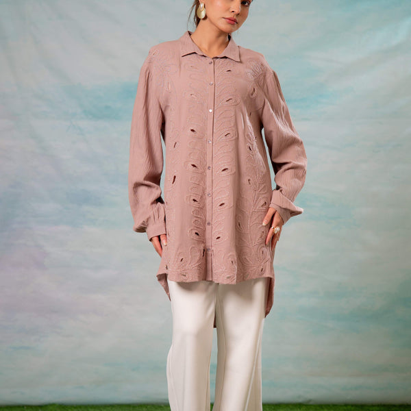 Juniper Pink Embroidered Viscose-Linen Shirt With Zari Work