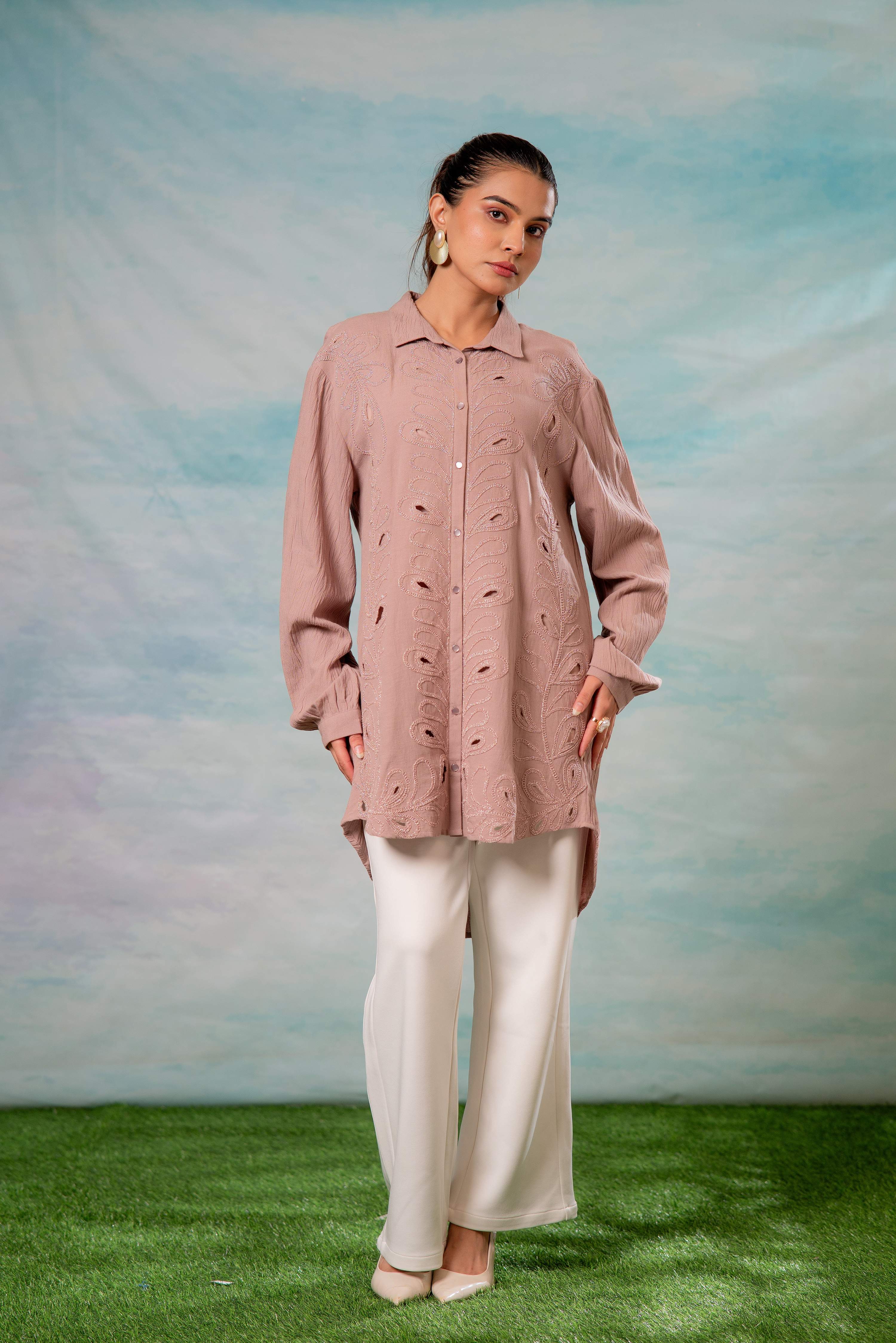 Juniper Pink Embroidered Viscose-Linen Shirt With Zari Work - Distacart