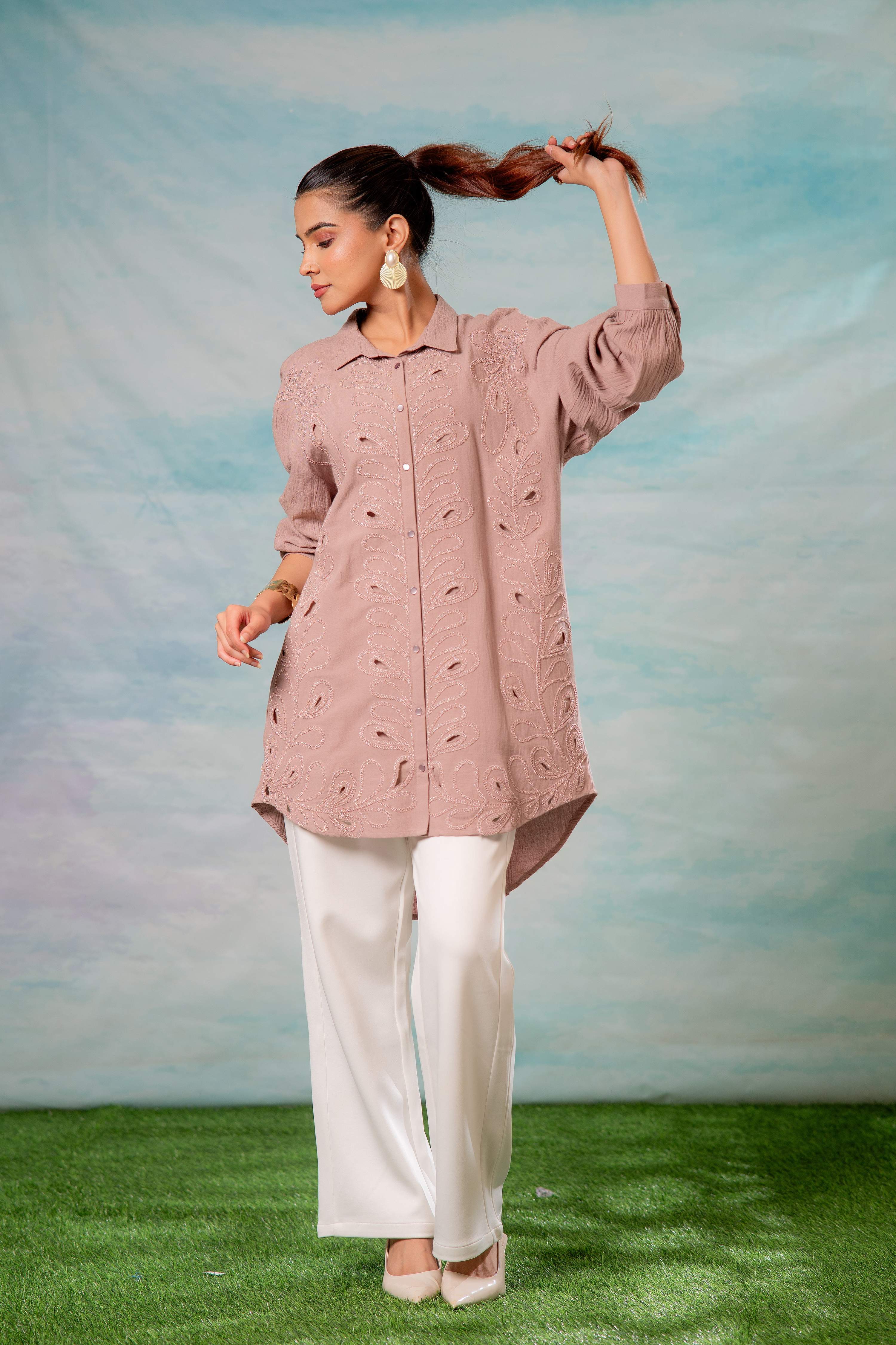 Juniper Pink Embroidered Viscose-Linen Shirt With Zari Work