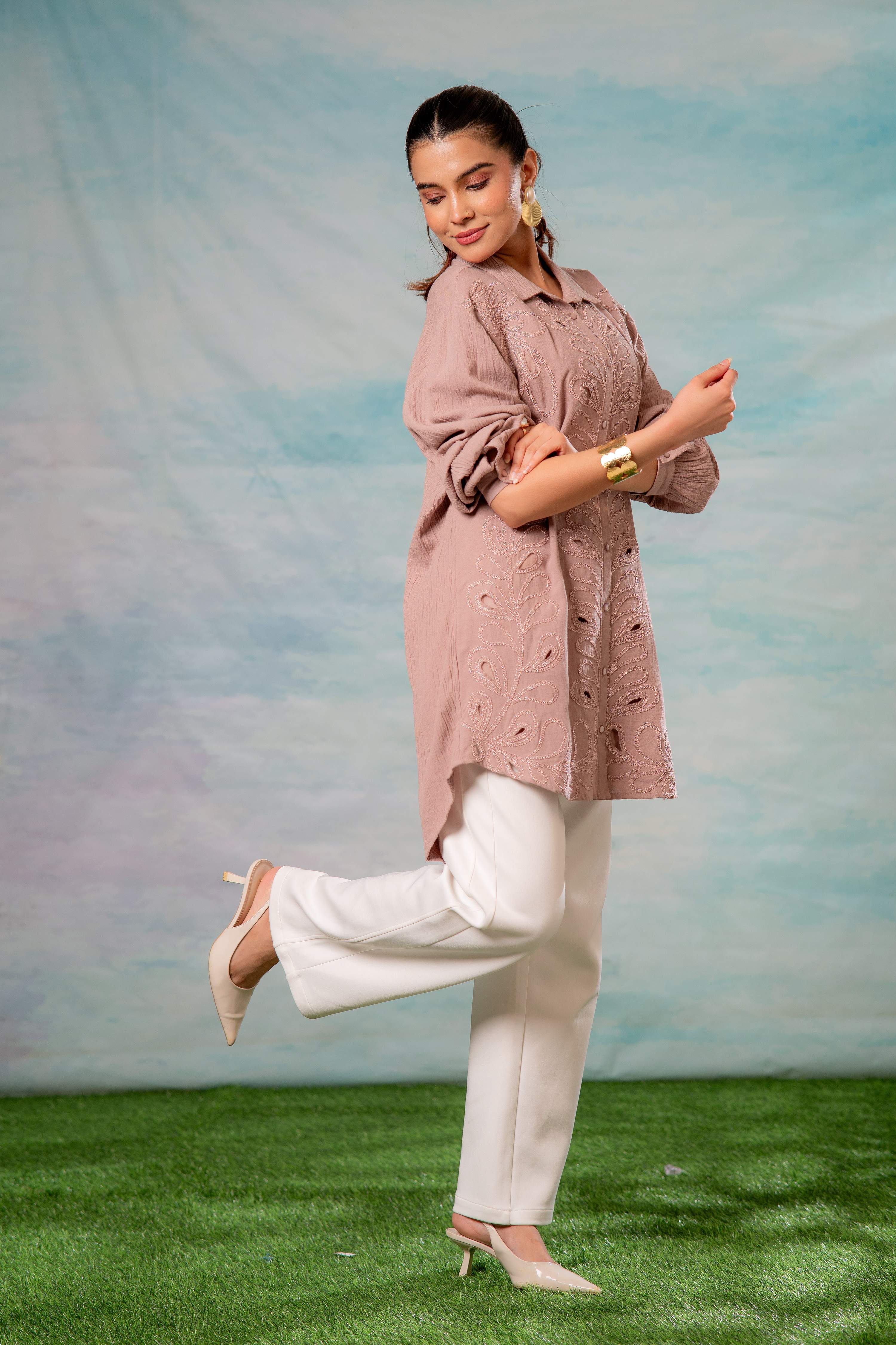 Juniper Pink Embroidered Viscose-Linen Shirt With Zari Work