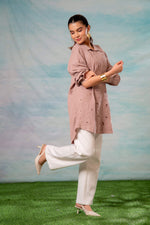 Thumbnail for Juniper Pink Embroidered Viscose-Linen Shirt With Zari Work