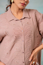 Thumbnail for Juniper Pink Embroidered Viscose-Linen Shirt With Zari Work