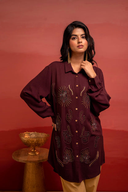 Juniper Coffee Brown Solid Viscose Shirt With Beads And Sequence Work - Distacart