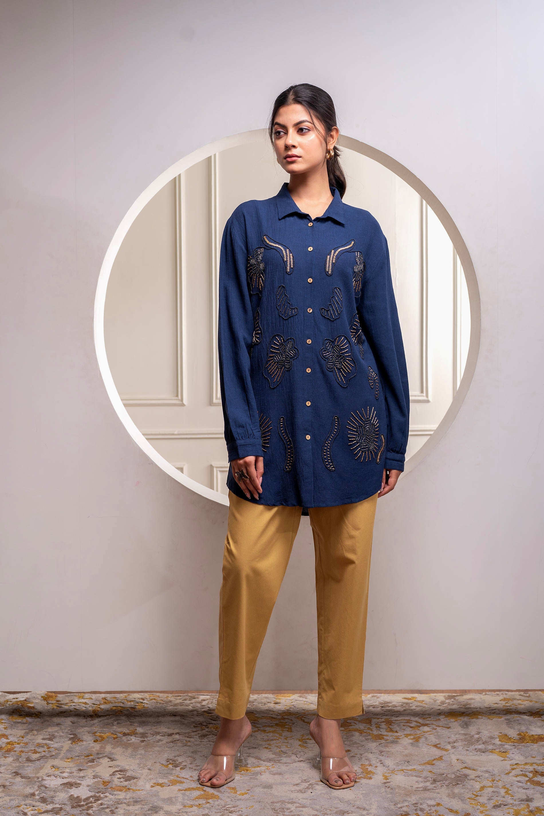 Juniper Navy Solid Viscose Shirt With Beads And Sequence Work - Distacart
