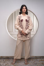 Thumbnail for Juniper Viscose Linen Cream Maroon Embellished Shirt And Pant Co-Ord Set With Sequin & Bead Details