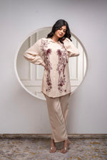Thumbnail for Juniper Viscose Linen Cream Maroon Embellished Shirt And Pant Co-Ord Set With Sequin & Bead Details