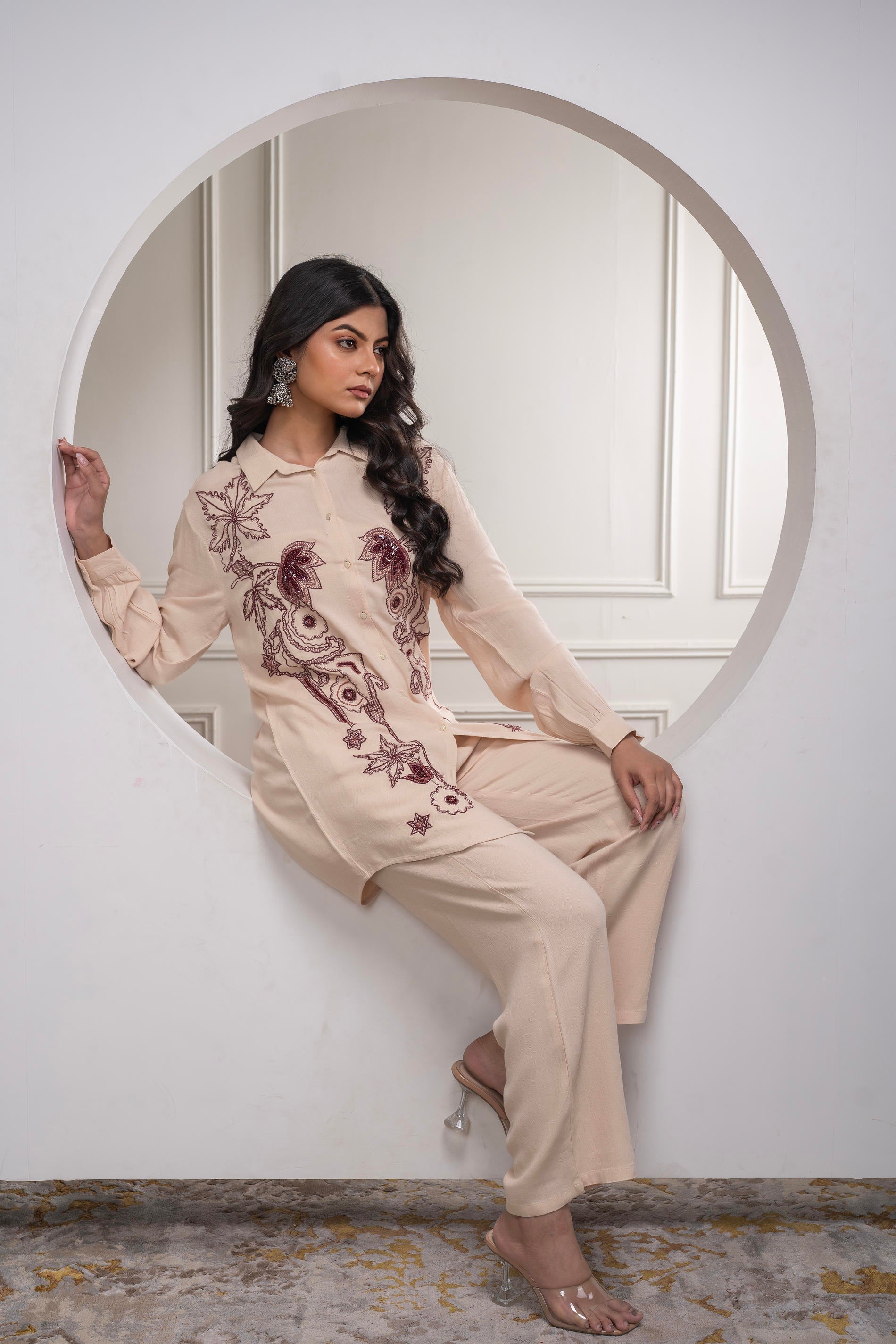 Juniper Viscose Linen Cream Maroon Embellished Shirt And Pant Co-Ord Set With Sequin & Bead Details