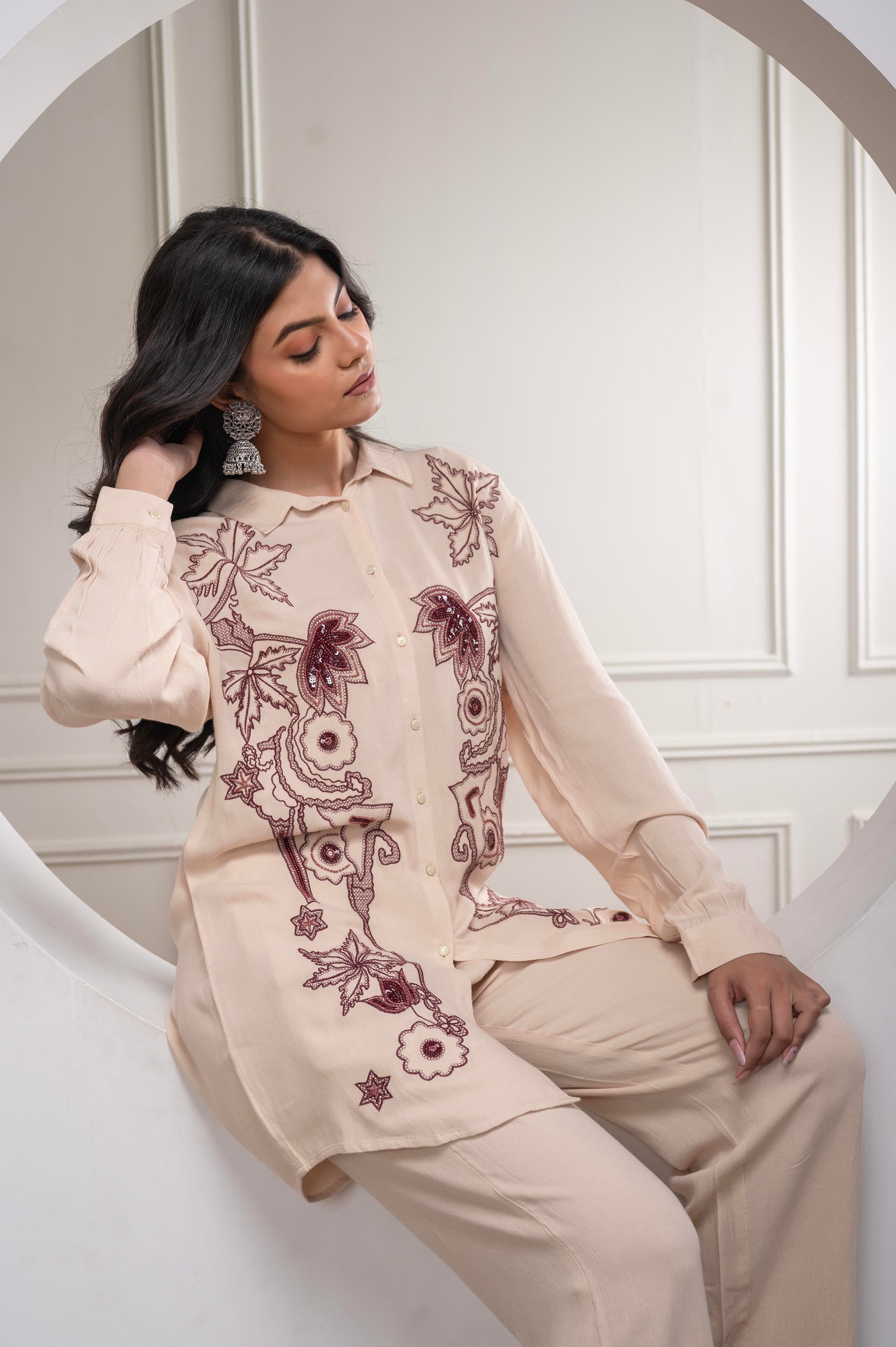 Juniper Viscose Linen Cream Maroon Embellished Shirt And Pant Co-Ord Set With Sequin & Bead Details