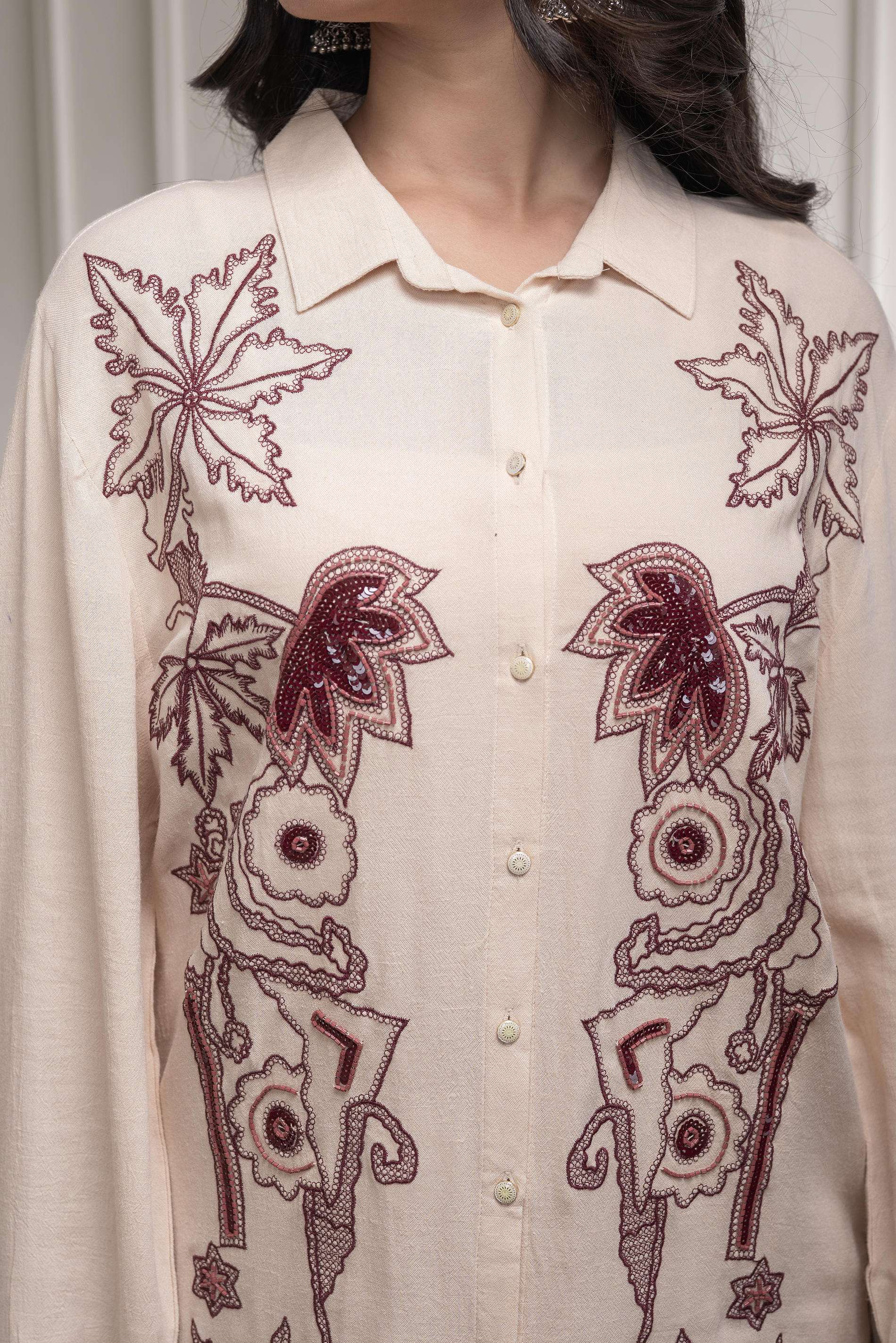 Juniper Viscose Linen Cream Maroon Embellished Shirt And Pant Co-Ord Set With Sequin & Bead Details
