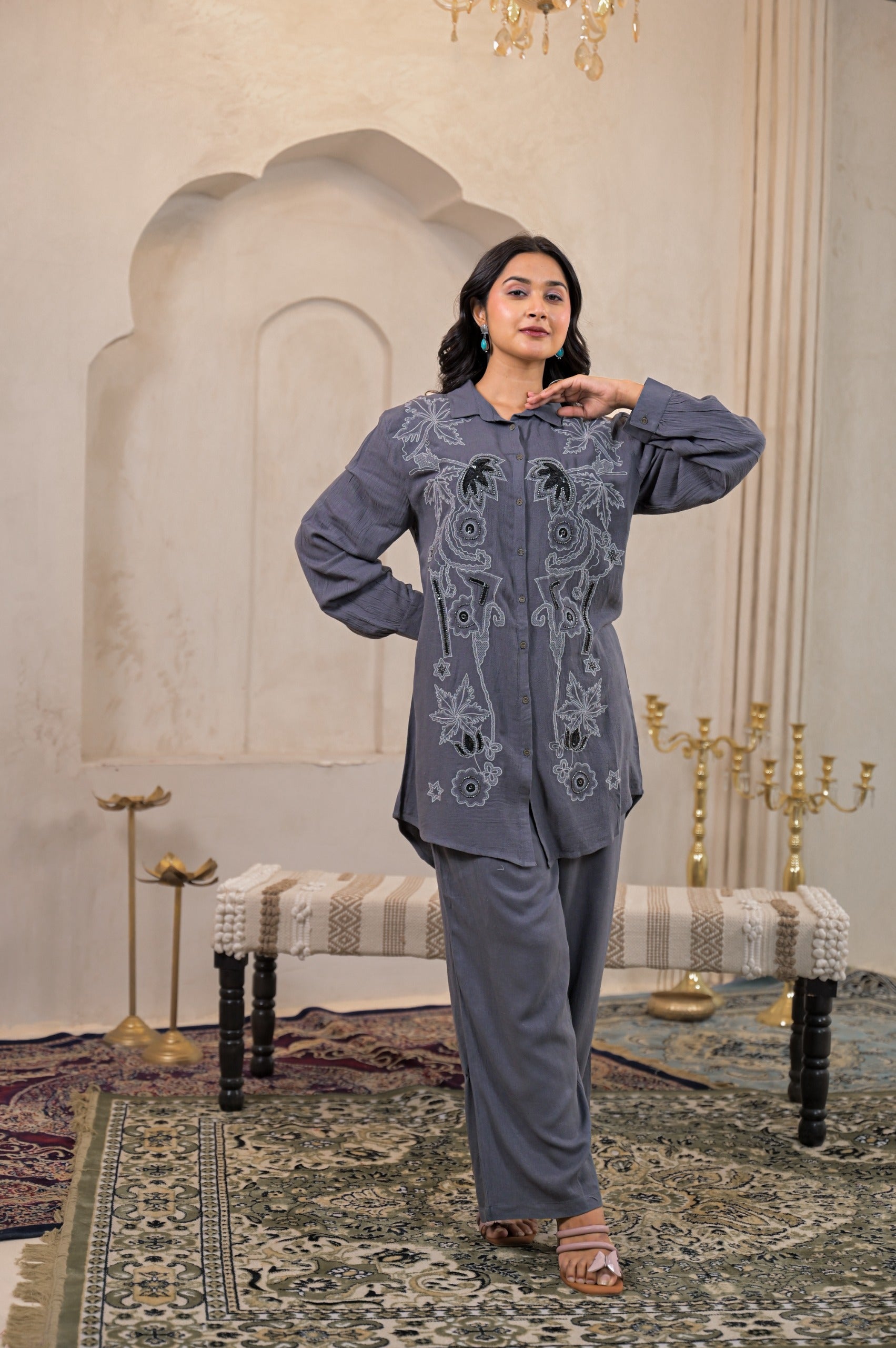 Juniper Viscose Linen Grey Embellished Shirt And Pant Co-Ord Set With Sequin & Bead Details