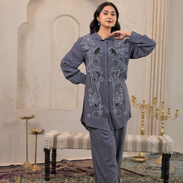 Juniper Viscose Linen Grey Embellished Shirt And Pant Co-Ord Set With Sequin & Bead Details