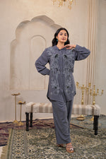 Thumbnail for Juniper Viscose Linen Grey Embellished Shirt And Pant Co-Ord Set With Sequin & Bead Details