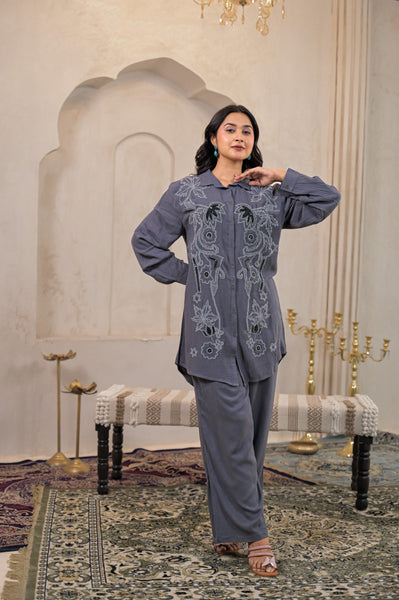 Juniper Viscose Linen Grey Embellished Shirt And Pant Co-Ord Set With Sequin & Bead Details