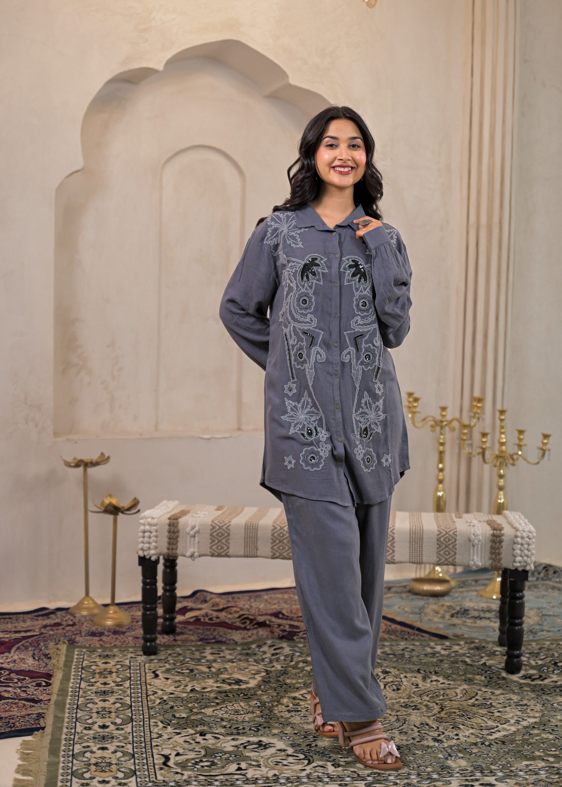 Juniper Viscose Linen Grey Embellished Shirt And Pant Co-Ord Set With Sequin & Bead Details