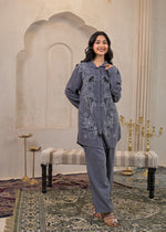 Thumbnail for Juniper Viscose Linen Grey Embellished Shirt And Pant Co-Ord Set With Sequin & Bead Details