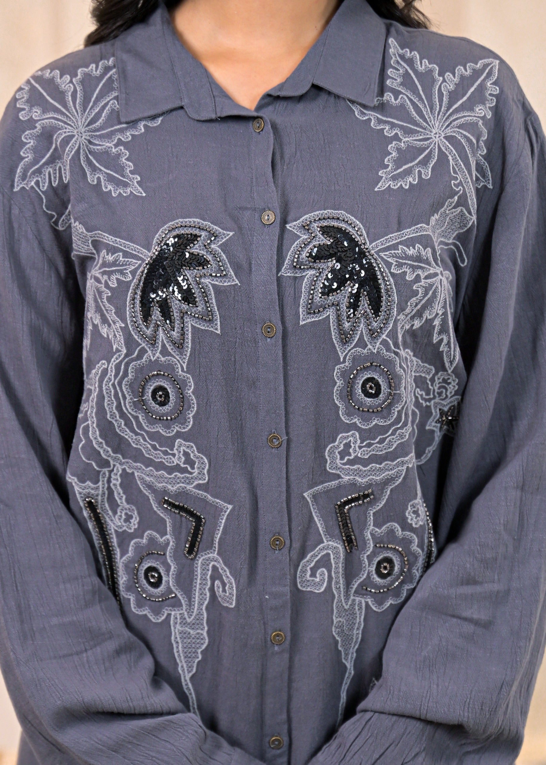 Juniper Viscose Linen Grey Embellished Shirt And Pant Co-Ord Set With Sequin & Bead Details