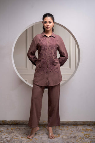 Juniper Brown Embellished Viscose Co-Ord Set With Bead Details