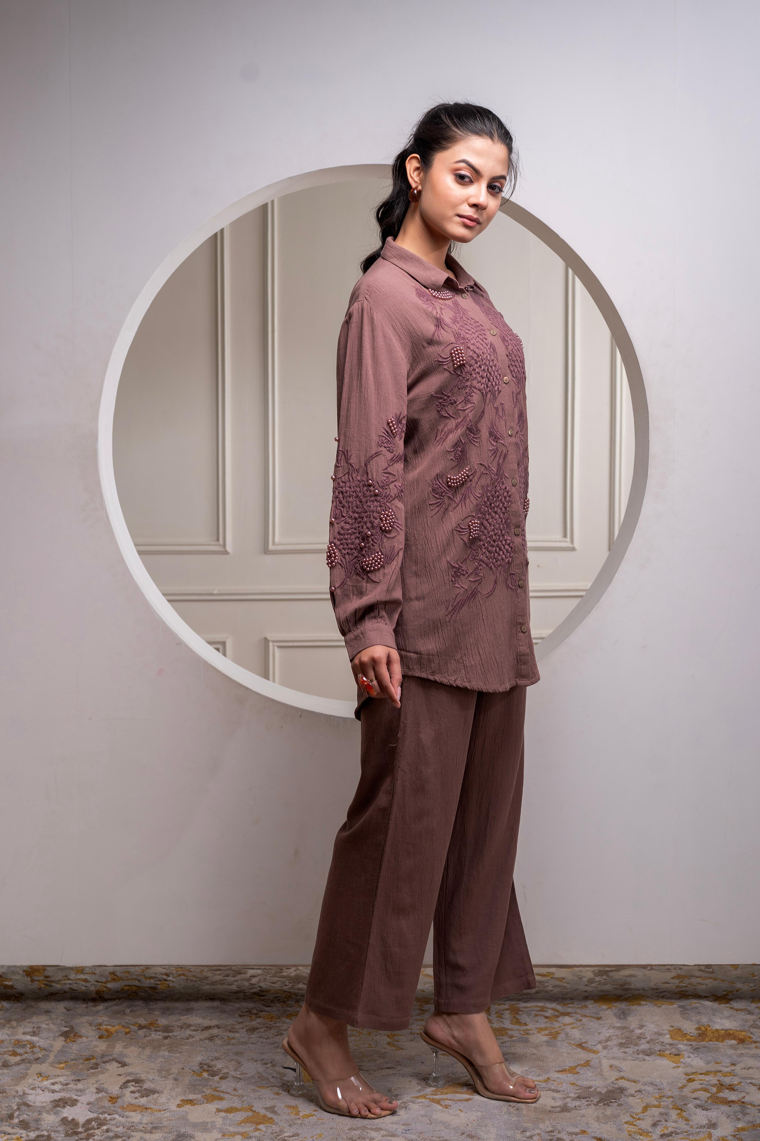 Juniper Brown Embellished Viscose Co-Ord Set With Bead Details