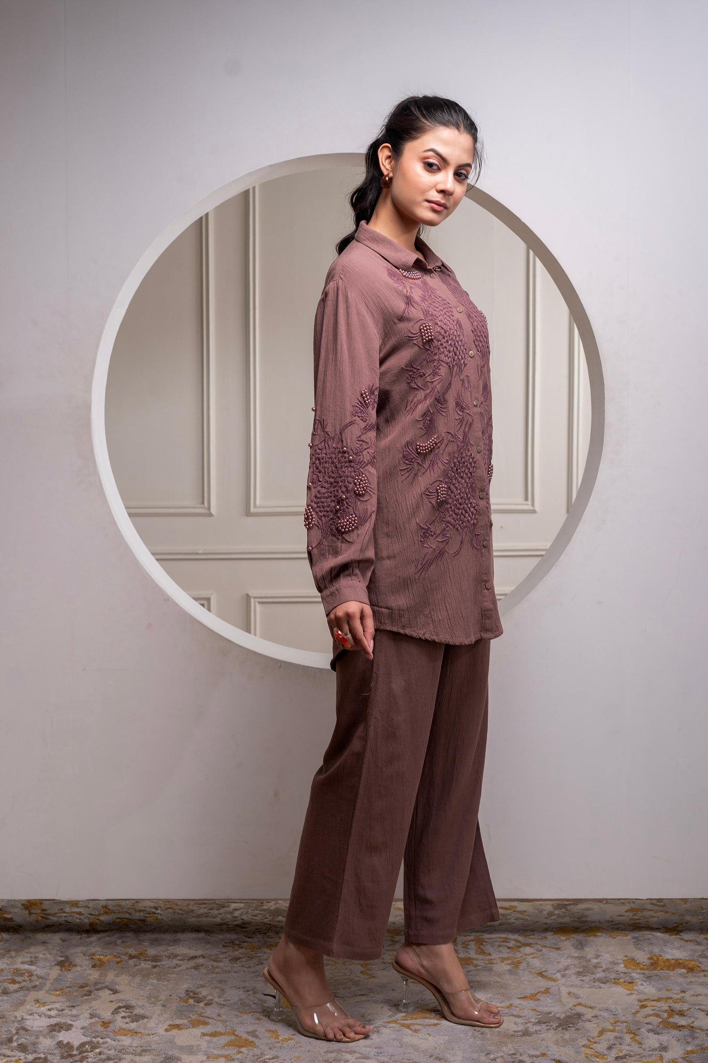 Juniper Brown Embellished Viscose Co-Ord Set With Bead Details - Distacart