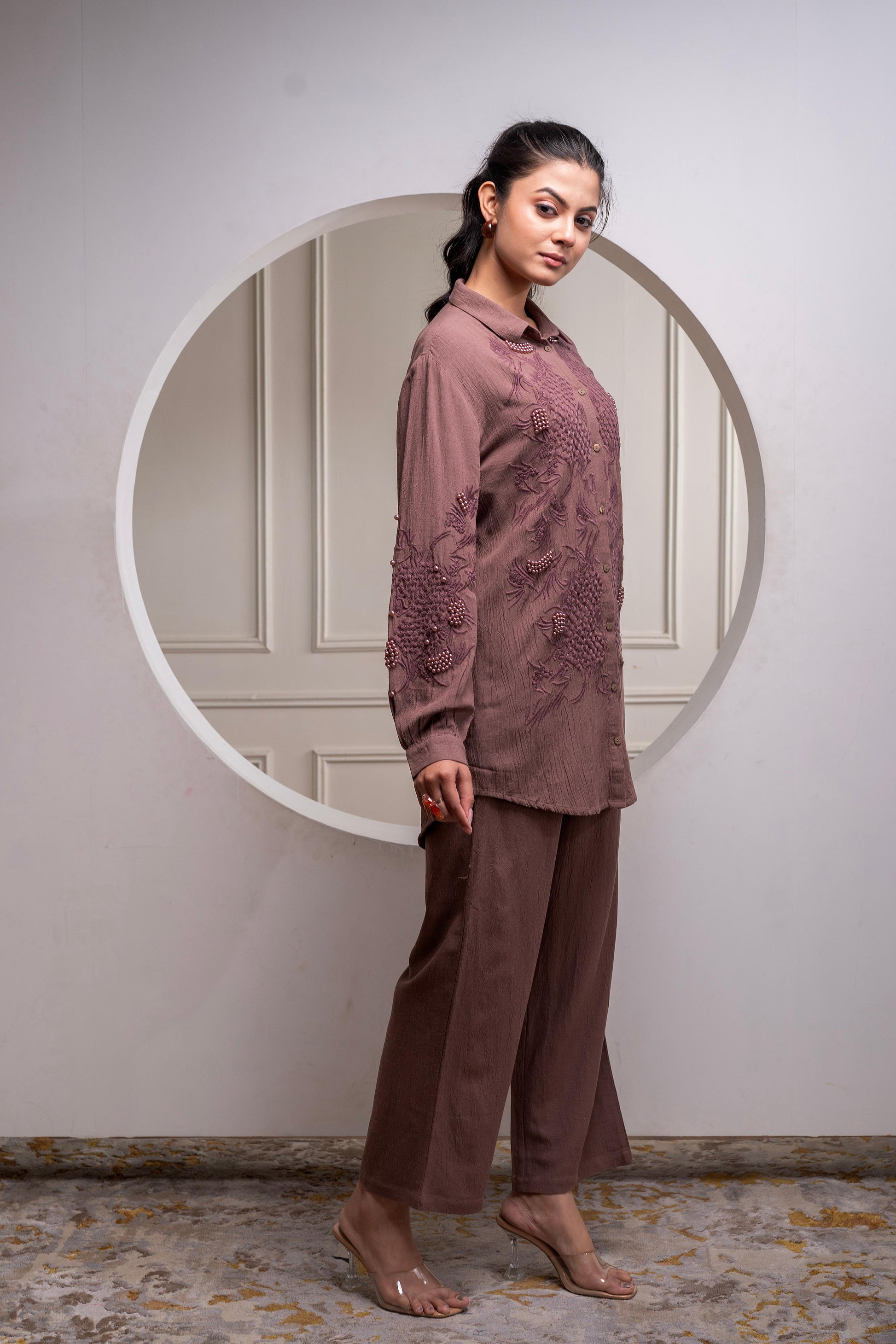Juniper Brown Embellished Viscose Co-Ord Set With Bead Details - Distacart