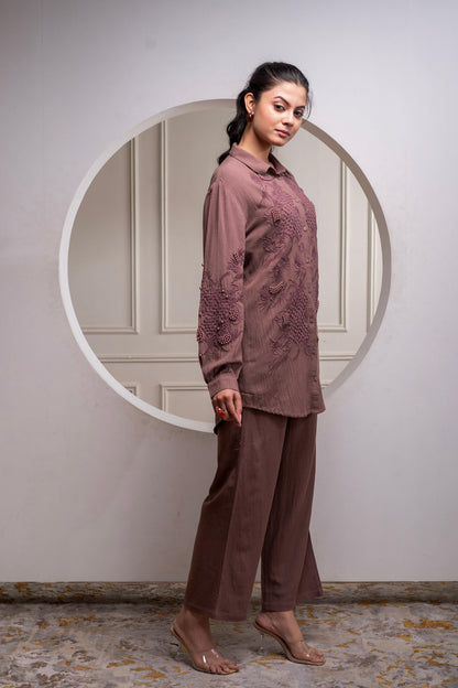 Juniper Brown Embellished Viscose Co-Ord Set With Bead Details - Distacart
