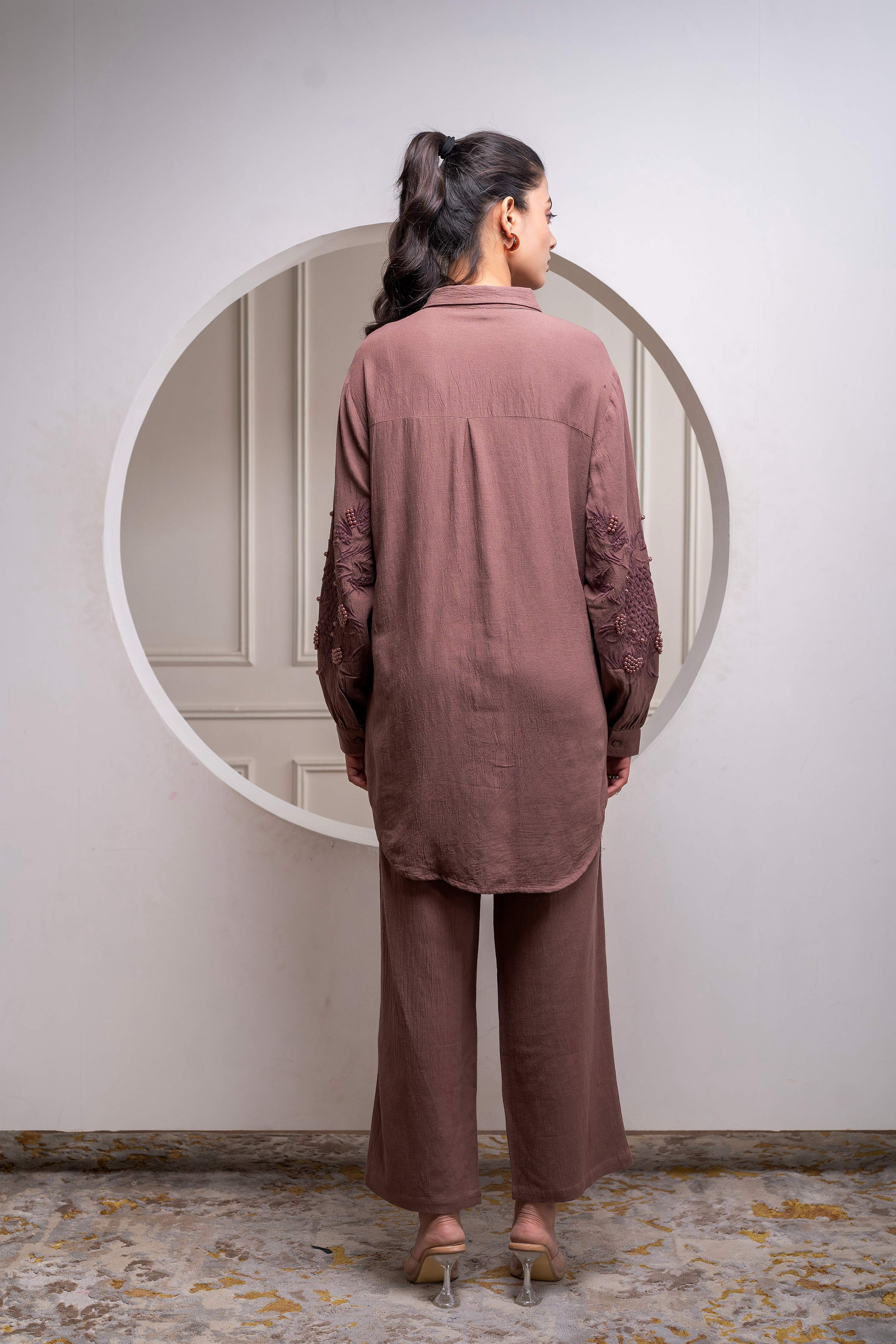 Juniper Brown Embellished Viscose Co-Ord Set With Bead Details