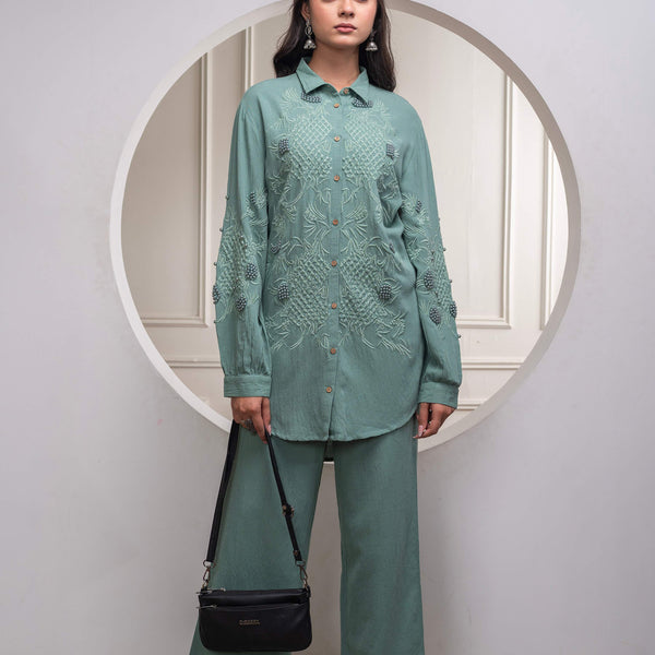 Juniper Sage Green Embellished Viscose Co-Ord Set With Bead Details