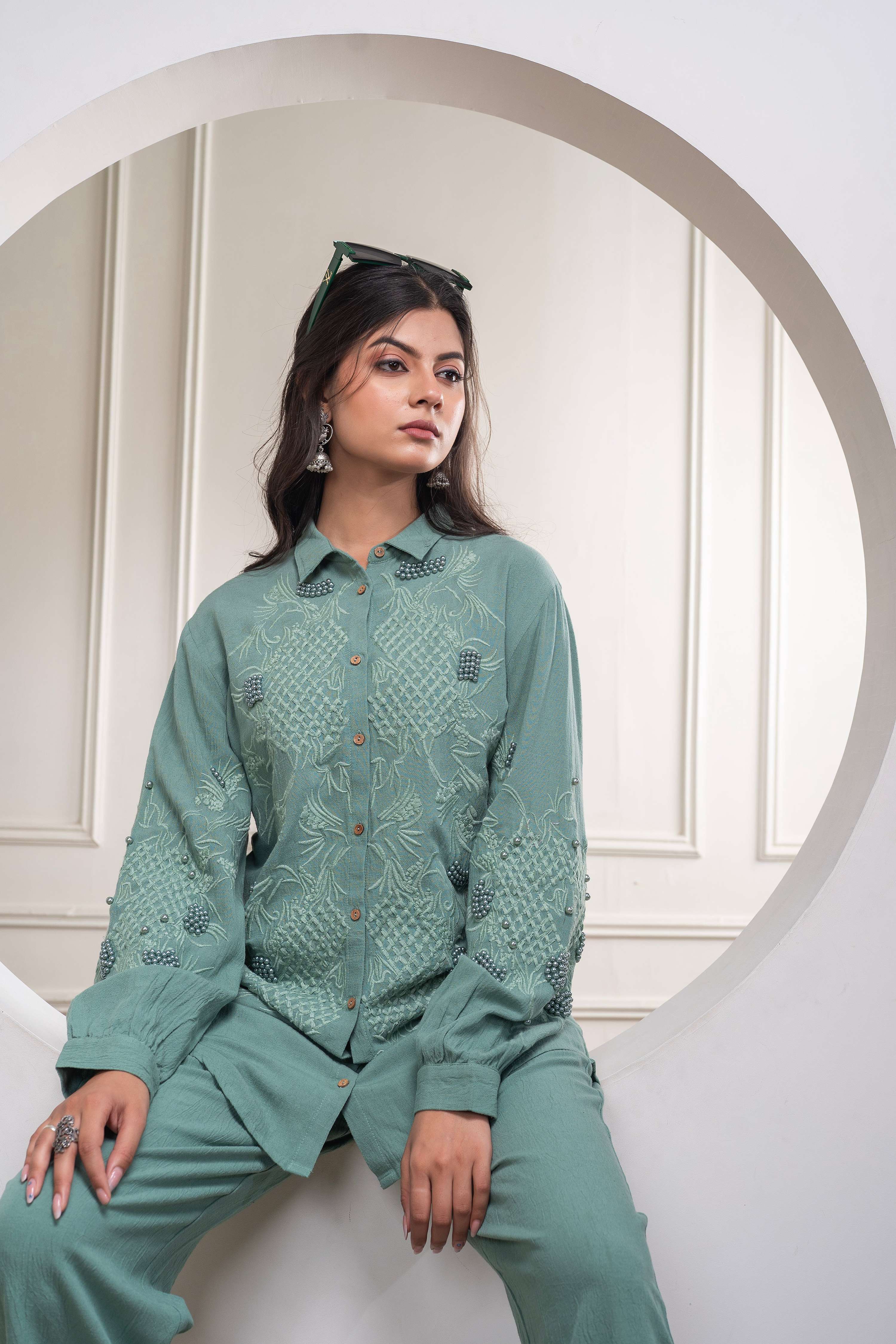 Buy Juniper Sage Green Embellished Viscose Co-Ord Set With Bead Details Online at Low Prices - Indian Store Buy Juniper Sage Green Embellished Viscose Co-Ord Set With Bead Details Online at Low Prices - Indian Store