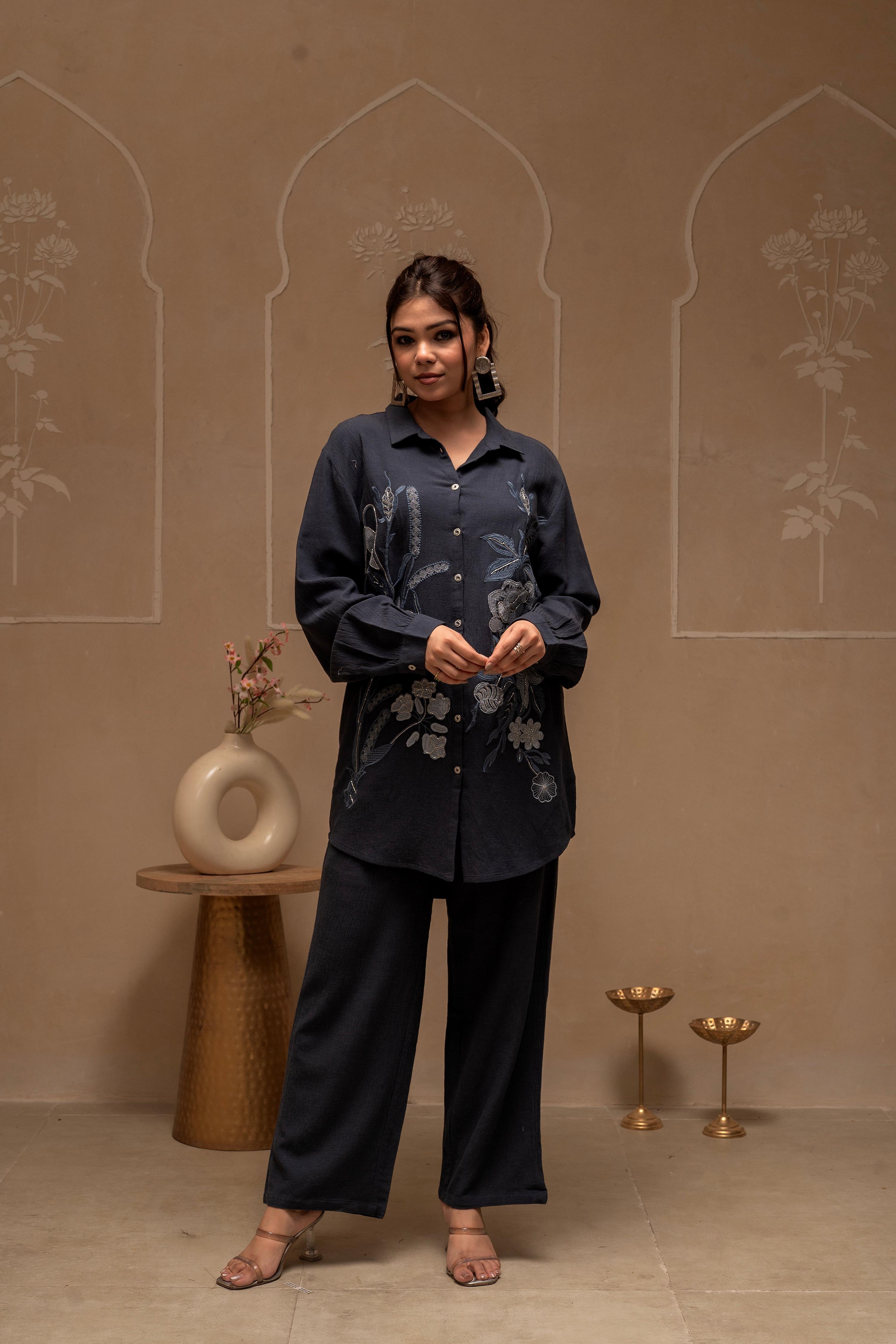 Juniper Grey Embroidered Viscose Co-Ord Set With Thread Work Detailing
